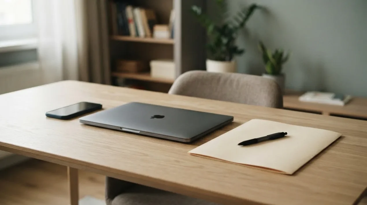 An unmarked document folder and a closed laptop on a private home-office desk