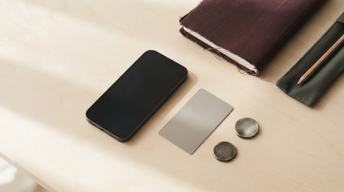 A phone, bank card and small digital-currency symbols arranged on a desk