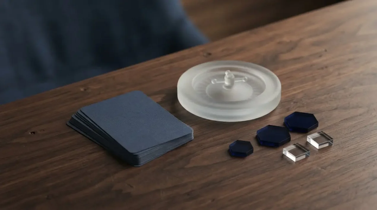 A quiet tabletop with unmarked playing cards and simple abstract gaming objects under warm light