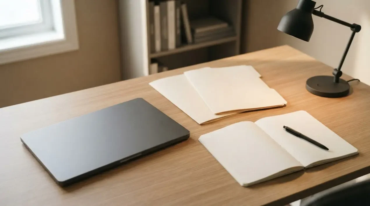 A notebook, unmarked folders and a laptop arranged for a careful records comparison