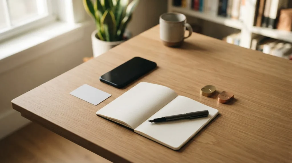 Bank card, smartphone, plain notebook and abstract digital-asset tokens on a wooden desk