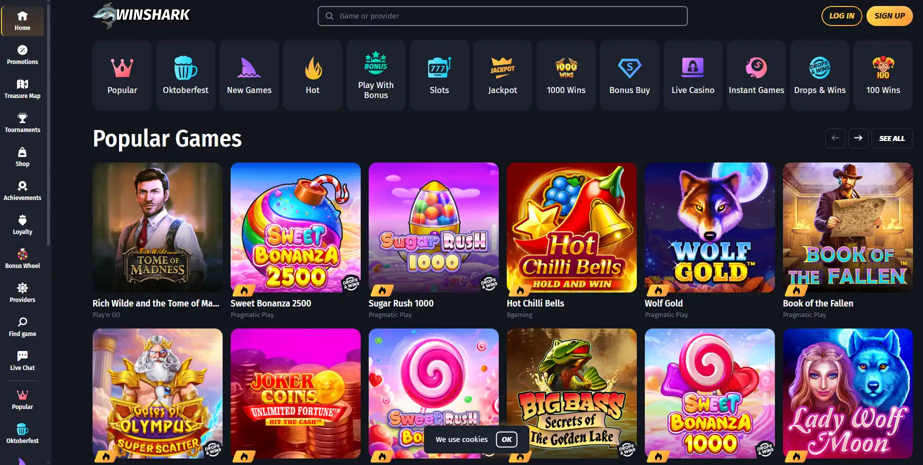 Public Winshark website with the casino navigation and games area visible