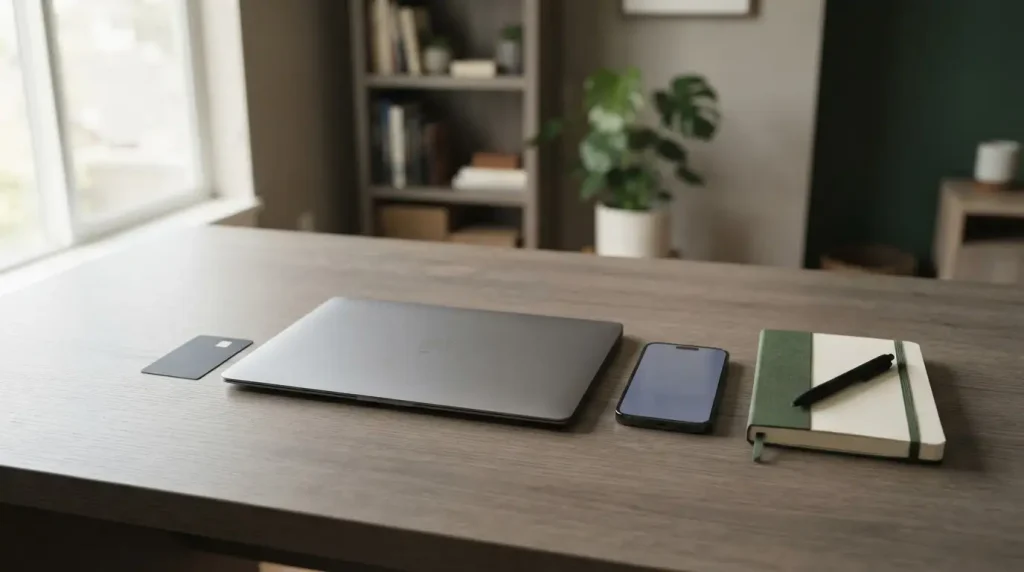 A closed laptop, blank notebook and unmarked payment card beside a phone on a tidy desk